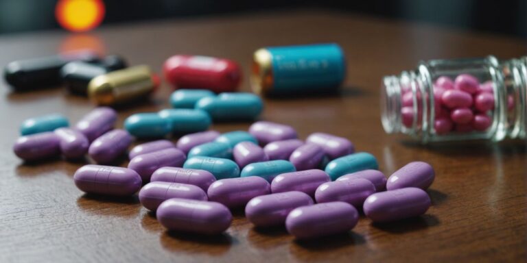 Different female libido enhancement pills displayed on a table.