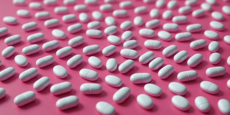 Different pills on pink background to boost women's libido.