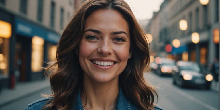 Confident woman smiling radiantly, feeling empowered